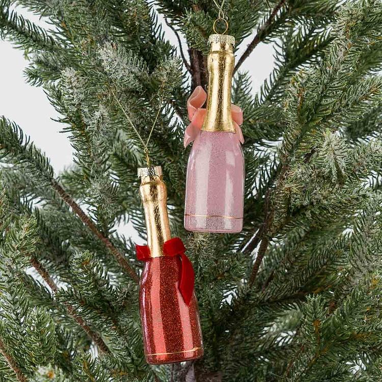 Набор из двух ёлочных игрушек Шампанское красное и розовое Set Of 2 Glass Hangers Champagne Red And Pink 13 cm