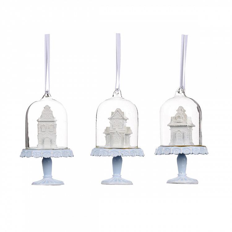 Набор из трёх ёлочных игрушек Пряничные домики под куполом Set Of 3 Gingerbread Houses In Dome Blue White 11,5 cm