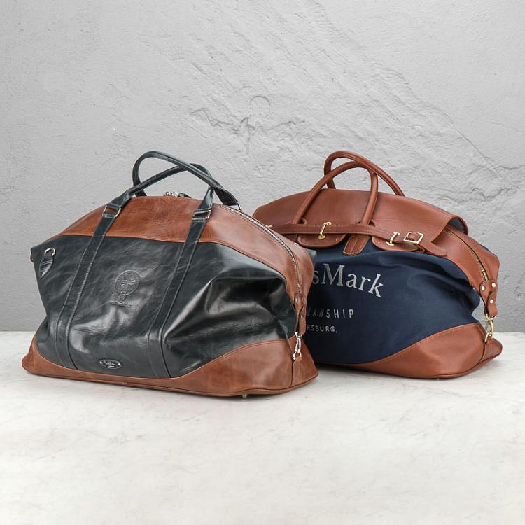 Синяя с коричневым кожаная дорожная сумка Воллисмарк Walleysmark Weekender Bag, Tarpaulin Navy