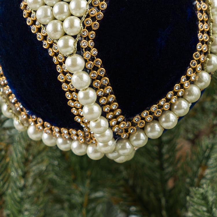 Ёлочная игрушка Синий бархатный шар с жемчужинами Velvet Ball With Pearls Blue 10 cm