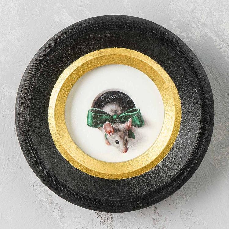 Картина в круглой раме Мышка с зелёным бантом Green Bow Mouse Painting In Round Frame