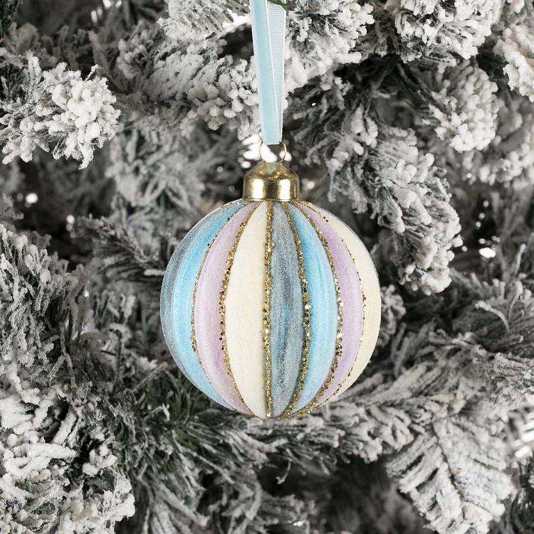 Ёлочная игрушка Розово-бирюзовый бархатный шар в полоску Velvet Striped Ball Pink Turquoise 8 cm