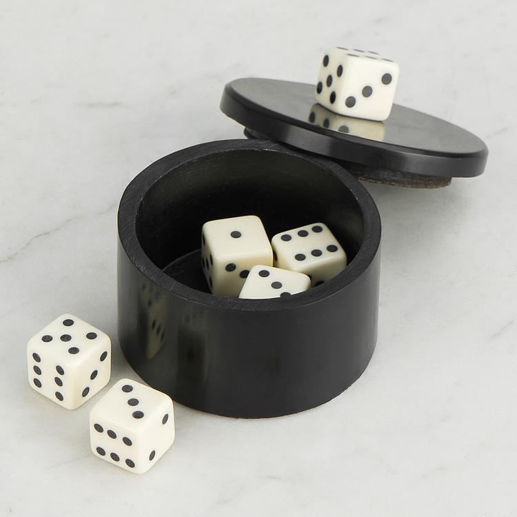 Белые игральные кости в чёрной круглой шкатулке  Black Dice Box With 6 Dices