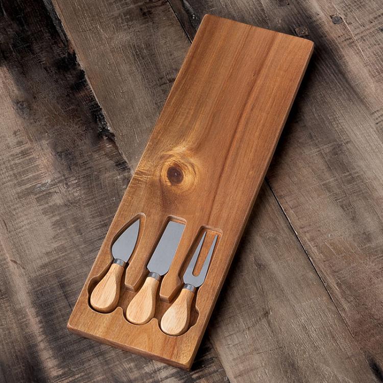 Набор для сыра Доска и 3 прибора Set Of 4 Planche A Fromage En Acacia Et Acier Inoxydable Avec Couteaux/Fourchette