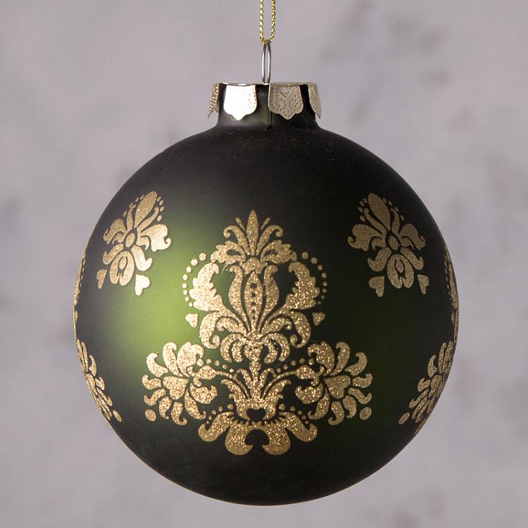 Зелёный ёлочный шар с золотым узором, M Glass Matte Glitter Brocade Ball Green 10 cm
