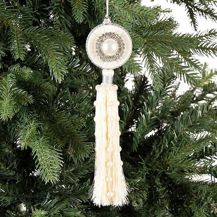 Новогодняя подвеска с жемчужинами и бежевой кисточкой Tassel With Pearls Beige 21 cm