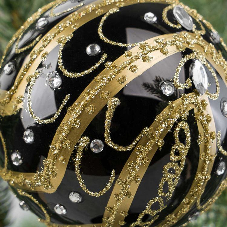 Ёлочная игрушка Чёрный шар с золотым узором и стразами Gold Pattern Ball Black With Rhinestones 8 cm