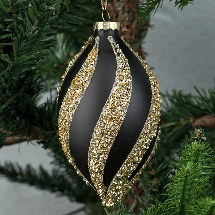 Набор из двух полосатых чёрных с золотом ёлочных шаров  Set Of 2 Glass Sequence Stripe Balls Black 10 cm