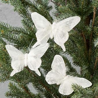 Set Of 3 Plume Butterflies On Clip White 11 cm