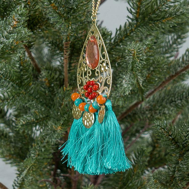 Новогодняя подвеска с бирюзовой кисточкой Metal Pendant With Turquoise Tassel 13 cm