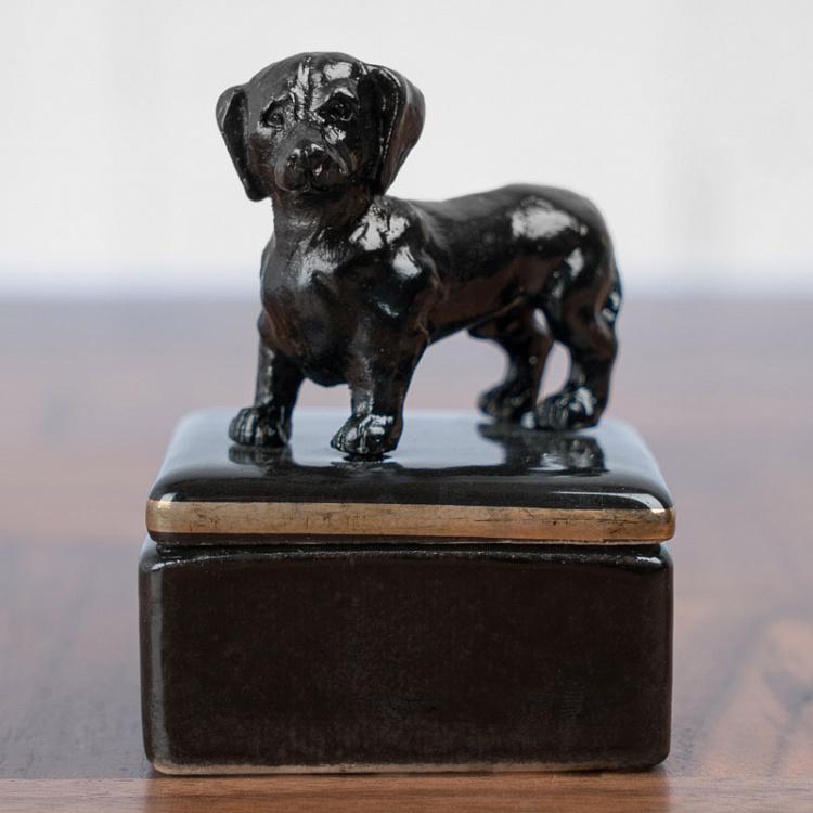 Небольшая керамическая шкатулка для украшений с собакой на крышке Mini Black Ceramic Box With Dog