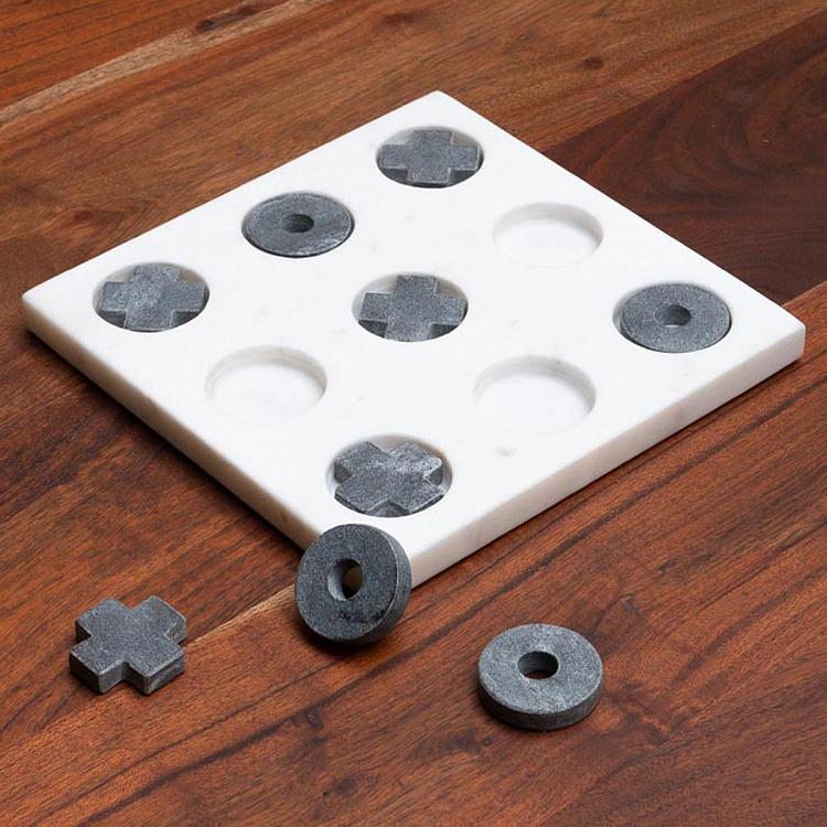 Настольная игра крестики-нолики из мрамора Tic Tac Toe In White And Grey Marble