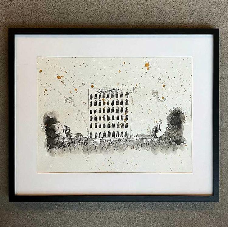 Рисунок тушью с золотом Дворец Итальянской Цивилизации Palazzo Della Civilta Italiana Drawing With Gold