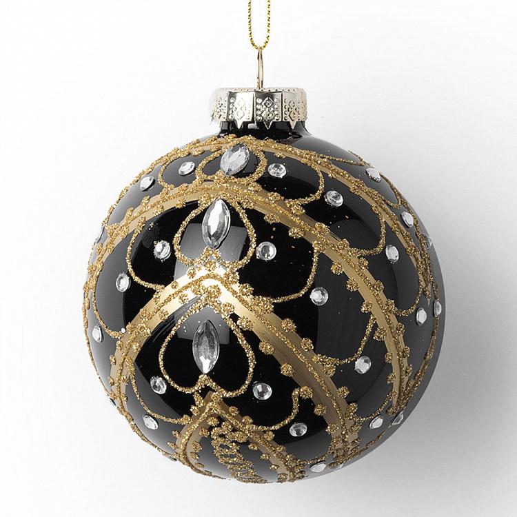 Ёлочная игрушка Чёрный шар с золотым узором и стразами Gold Pattern Ball Black With Rhinestones 8 cm