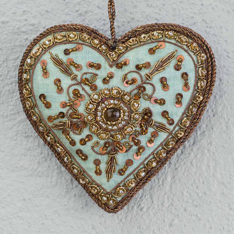 Ёлочная игрушка Вышитое зелёное сердце Embroidered Hanging Green Heart 11 cm