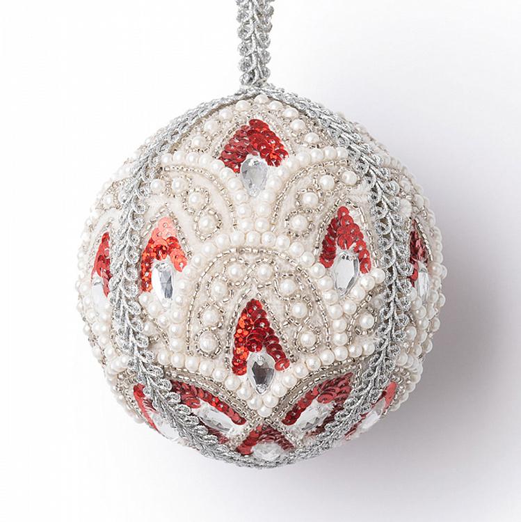 Ёлочная игрушка Серебристый шар с орнаментом и жемчужинами Pearls Ornament Ball Silver 10 cm