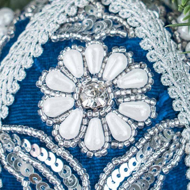 Ёлочный шар Бархатный с пайетками и стразами Silver Sequin Pattern Velvet Ball Blue 10 cm