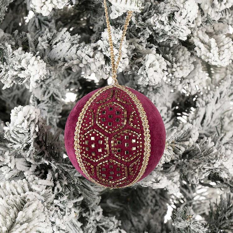 Ёлочная игрушка Красный текстильный шар с золотистым узором Gold Pattern Textile Ball Red 9 cm