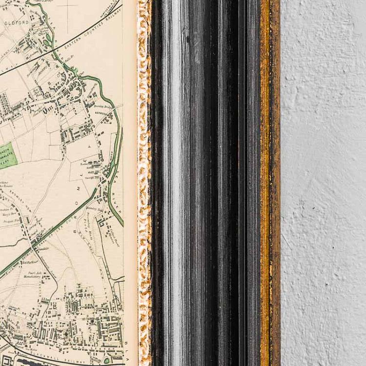Винтажная картина-принт в чёрной с золотом раме Старинные карты Лондон, Англия, 1843 Vintage Maps London, England, 1843, MP3 Frame