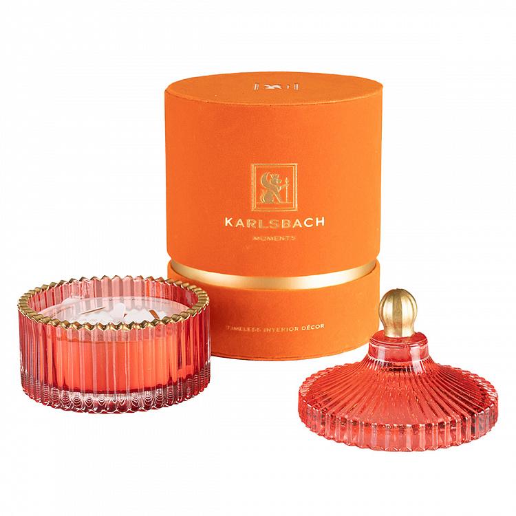 Арома-свеча в красном рифлёном стакане Фиолетоволистная роза, S Aroma Candle In Red Striped Glass Berry Rose Small