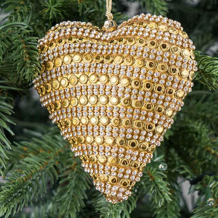 Ёлочная игрушка Золотое сердце из кристаллов Heart With Crystals Gold 11 cm