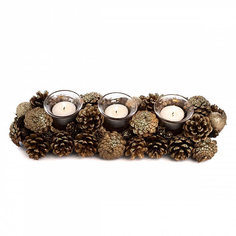 Подсвечник на три свечи с золотыми шишками 3 Votives Holder With Pinecones Gold