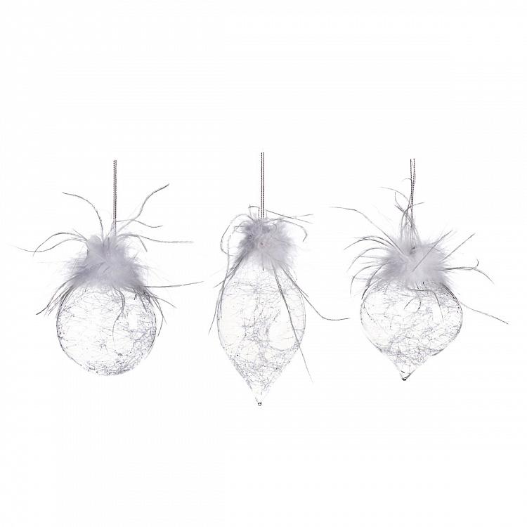 Set Of 3 Glass Plume Top Thread Ball Clear 8 cm