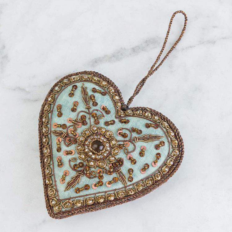 Ёлочная игрушка Вышитое зелёное сердце Embroidered Hanging Green Heart 11 cm