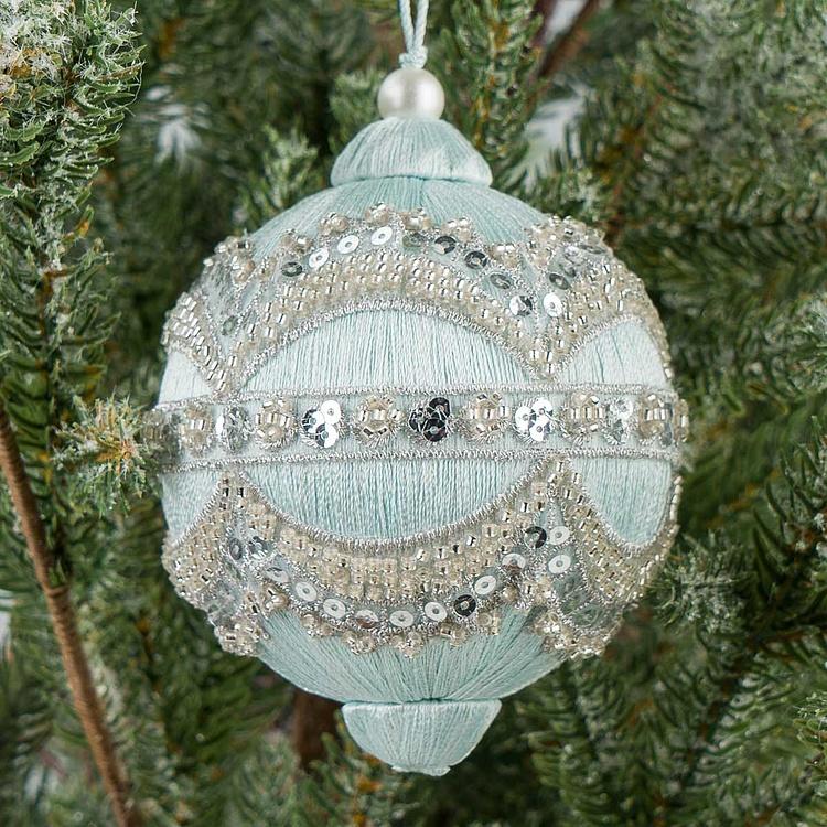 Ёлочная игрушка Светло-голубой шар с серебряным орнаментом Silver Ornament Ball Light Blue 10 cm