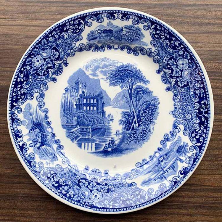 Винтажная тарелка белая с голубым мотивом 5, M Vintage Plate Blue White Medium 5