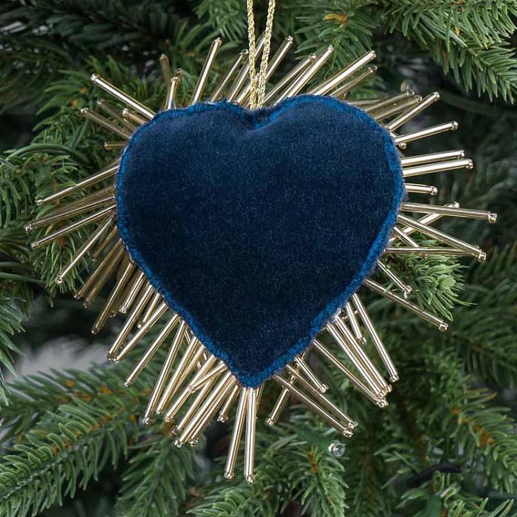 Ёлочная игрушка Синее сердце с вышивкой бисером Bead Embroidery Heart Blue 13 cm