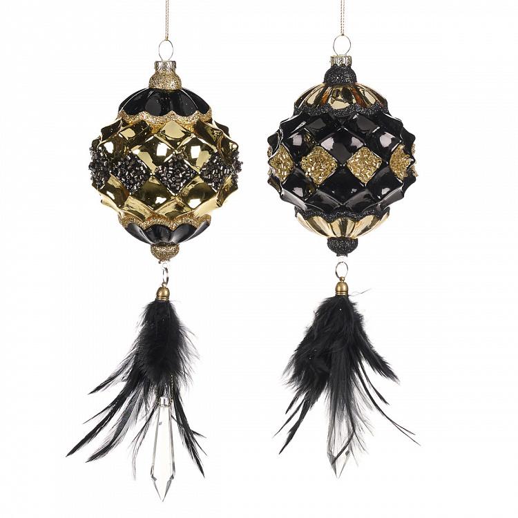 Set Of 2 Glass Diamonds With Plumes Black Gold 25 cm