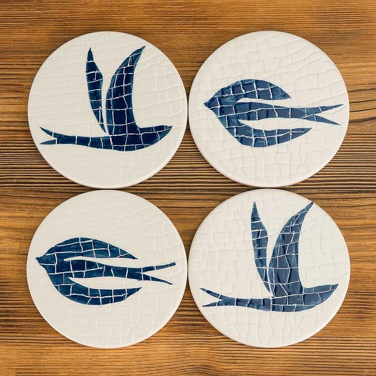 Набор из четырёх подставок под стаканы Синие ласточки Set Of 4 Mosaic Bird Coasters