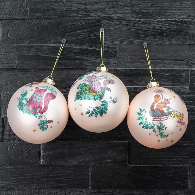 Набор из 3-х ёлочных шаров Лесные жители Set Of 3 Glass Silvis Mice And Woods Balls Cream/Green 12 cm