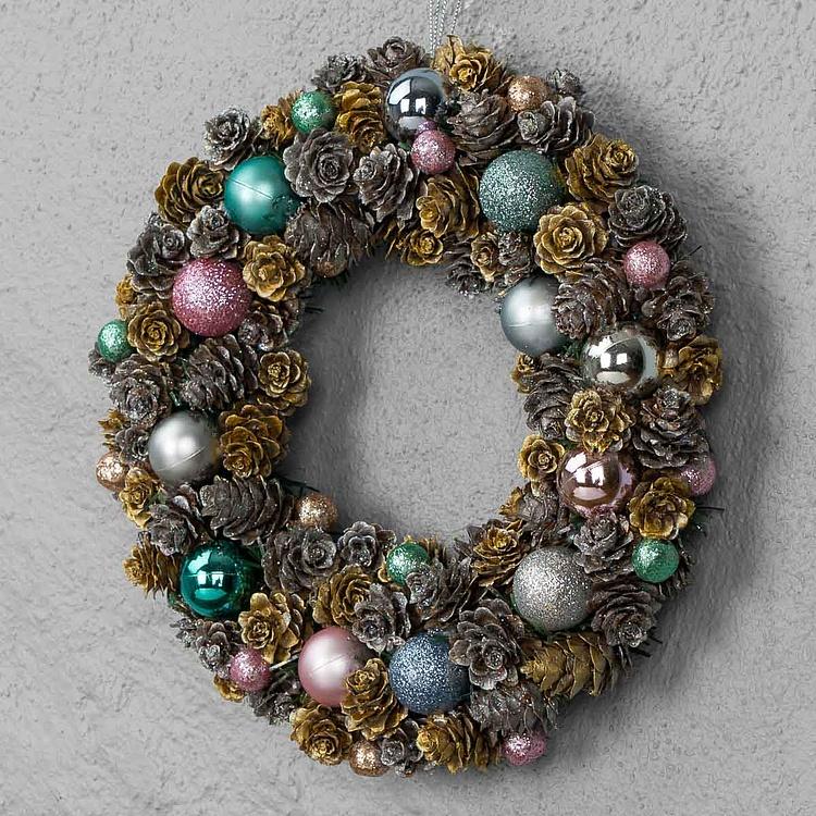 Новогодний венок с шарами в нежных тонах Delicate Tones Wreath With Balls 24 cm