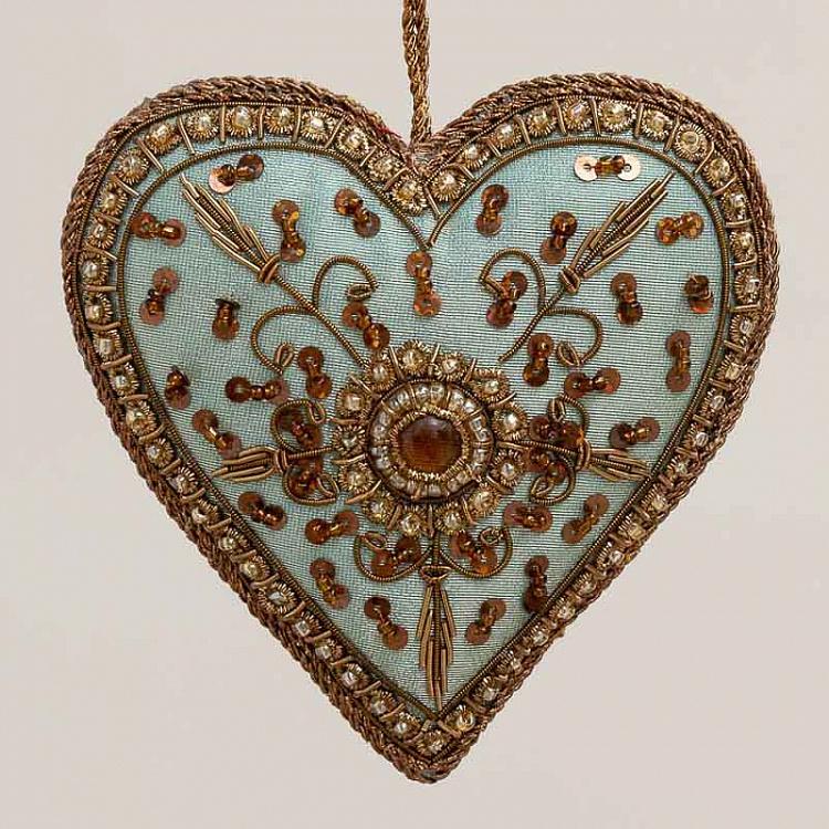 Ёлочная игрушка Вышитое зелёное сердце Embroidered Hanging Green Heart 11 cm