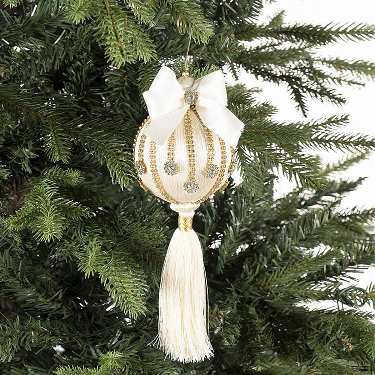 Новогодняя подвеска Бежевый шар с бантом, стразами и кисточкой Rhinestones Beige Ball Pendant With Tassel 26 cm