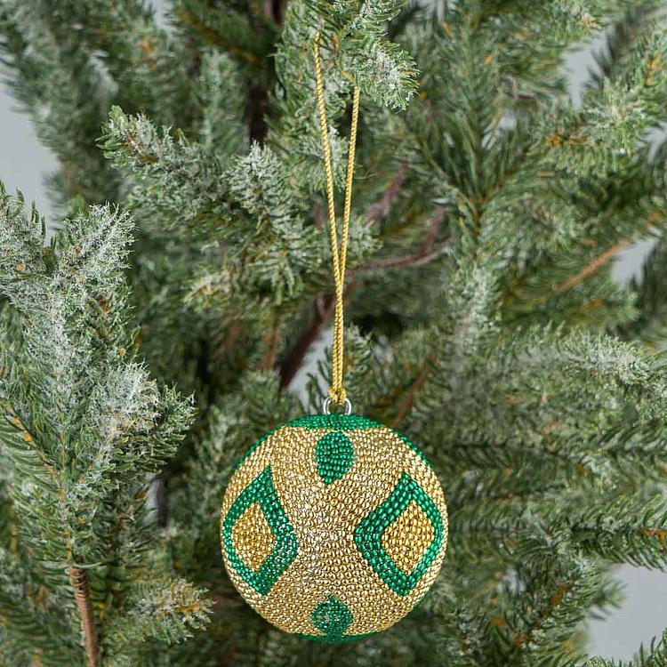 Ёлочная игрушка Шар с узором из золотого и зелёного бисера, XS Beads Ball Gold And Green 7 cm
