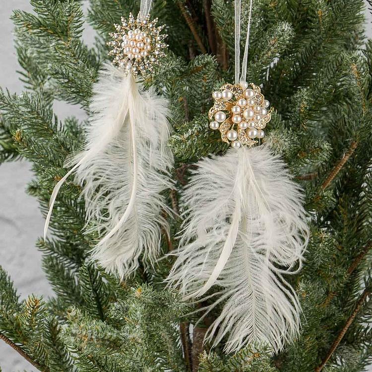 Набор из двух ёлочных игрушек из перьев Set Of 2 Plume Jewels Cream Gold 22 cm
