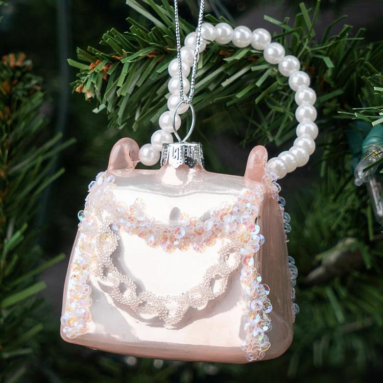 Ёлочная игрушка Сумочка с бусинами Glass Hanger Purse White With Beads 7 cm