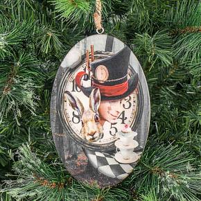 Wood Pendant With Hatter, Rabbit And Clock 20 cm