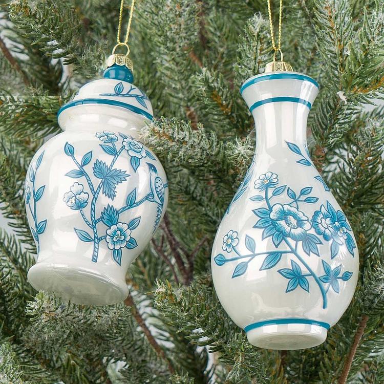 Набор из двух ёлочных игрушек Белая ваза с синим орнаментом Set Of 2 Glass Flower Vase White Blue 12,5 cm