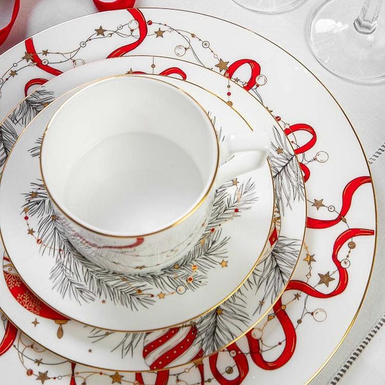 Чайная пара Новогодняя с красной лентой на чашке New Year Pine Tea Cup And Saucer