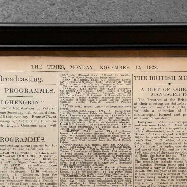 Винтажная газета в раме Таймс, 12 ноября 1928 Vintage Times, Nov 12, 1928