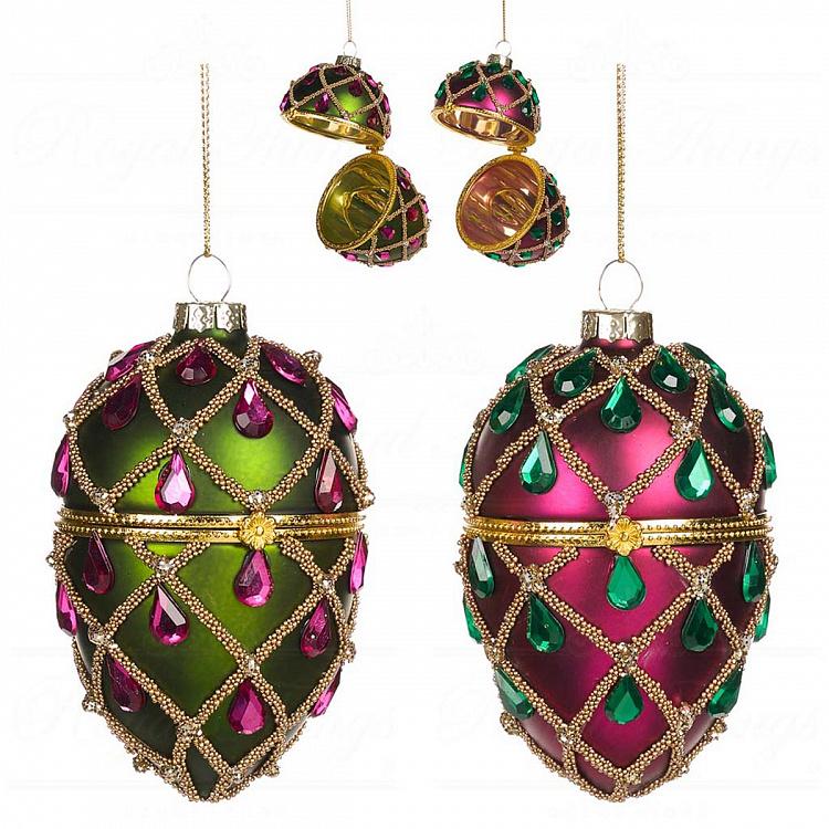 Set Of 2 Xmas Egg Boxes Jewel Net Green Purple 10 cm