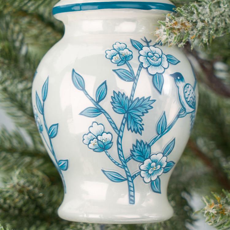 Набор из двух ёлочных игрушек Белая ваза с синим орнаментом Set Of 2 Glass Flower Vase White Blue 12,5 cm