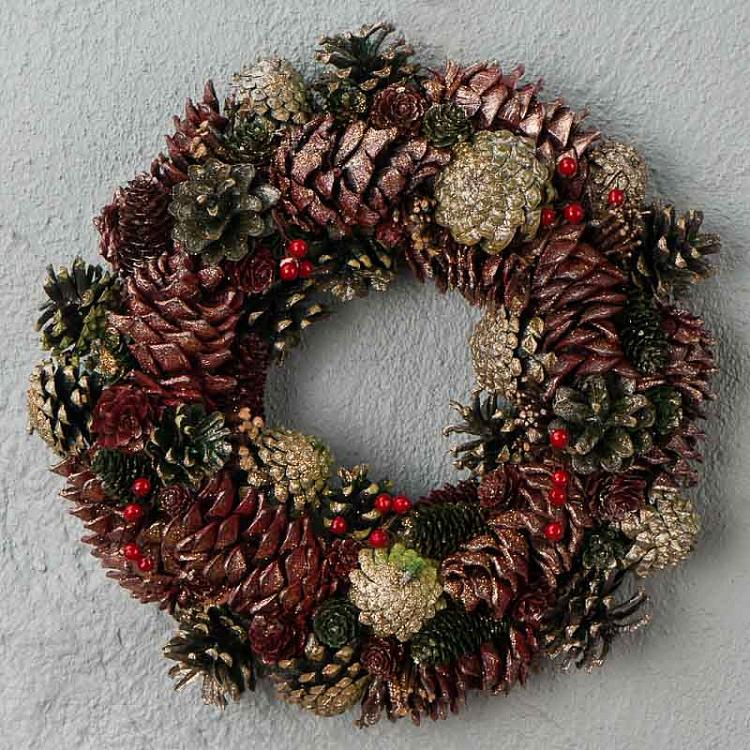 Позолоченный венок с сосновыми шишками Gilt Berry Pinecone Wreath Green Brown 34 cm