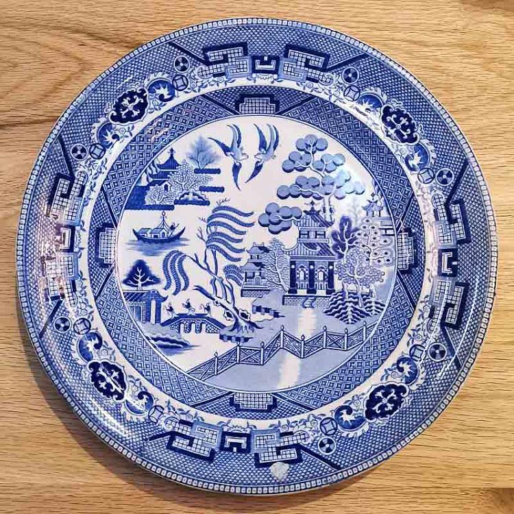 Винтажная тарелка белая с голубым мотивом 23, L Vintage Plate Blue White Large 23