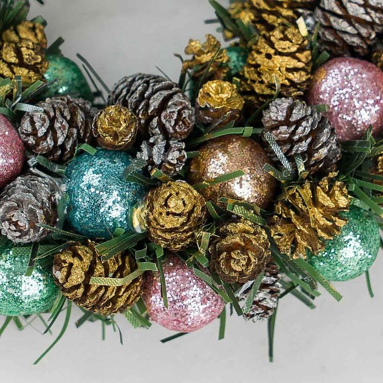 Новогодний венок с шишками и перламутровыми шарами 1, M Wreath Bagel 1 Medium
