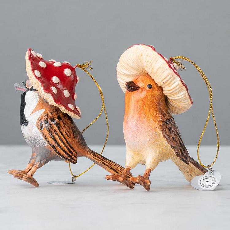 Набор из двух ёлочных игрушек Птицы под мухоморами Set Of 2 Mushroom Birds Brown/Red 12,5 cm
